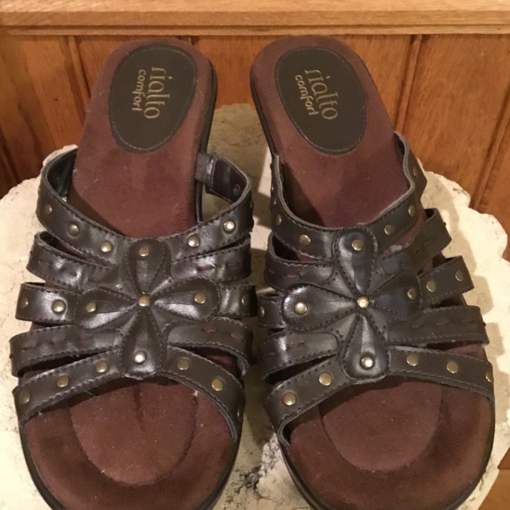 Brown leather slide sandals